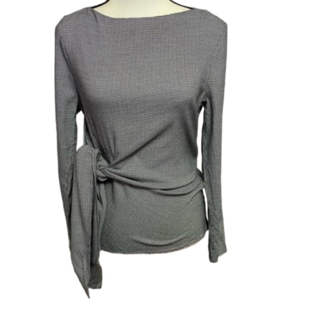 2/$30 Zara Black/White Houndstooth Wrap Long Sleeve Side Zip Top Size M #0797